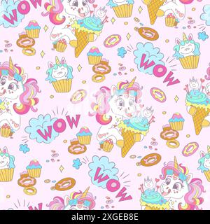 Cute dreaming unicorns with an ice cream and sweets seamless pattern. Vector cartoon illustration. Fairy tale design nursery art. For print, design, w Stock Vector