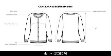 Cardigan measurements diagram with names - Width, Circumference line style technical fashion illustration. Flat apparel template front, back view. Women, men unisex CAD mockup isolated on white Stock Vector