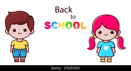 Back to school poster. Happy children. Cartoon characters boy and girl. Vector illustration. Stock Vector