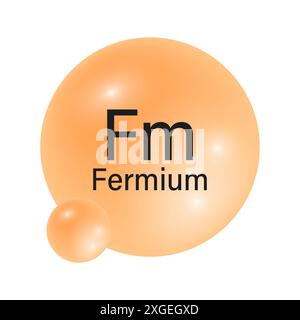 Fermium element icon. Orange spherical symbol. Vector chemical illustration. Fm atomic structure. Stock Vector