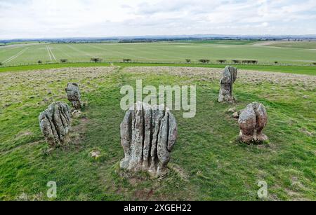 Duddo Five Stones prehistoric stone circle in north Northumberland, England. Early Bronze Age. Natural weathering soft sandstone. Looking west Stock Photo