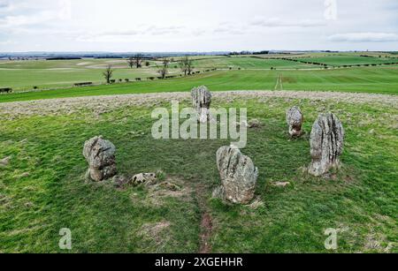 Duddo Five Stones prehistoric stone circle in north Northumberland, England. Early Bronze Age. Natural weathering soft sandstone. Looking north Stock Photo