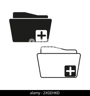 Folder icons with plus symbol. Black and white variations. File management symbols. Minimalist vector design. Stock Vector