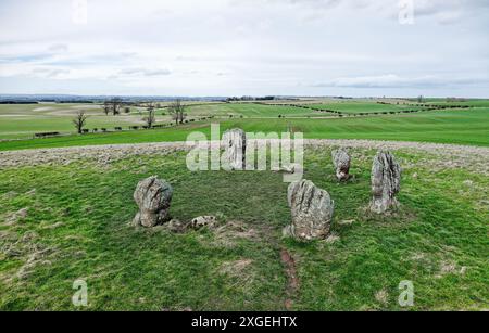 Duddo Five Stones prehistoric stone circle in north Northumberland, England. Early Bronze Age. Natural weathering soft sandstone. Looking north Stock Photo