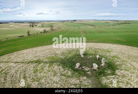 Duddo Five Stones prehistoric stone circle in north Northumberland, England. Early Bronze Age. Natural weathering soft sandstone. Looking north Stock Photo