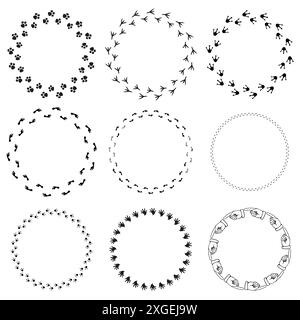 Animal tracks frames. Various footprints vector. Black and white. Circular border set. Stock Vector