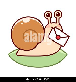 Snail Mail. Cute cartoon snail holding letter envelope, funny drawing. Simple hand drawn doodle, vector illustration. Stock Vector