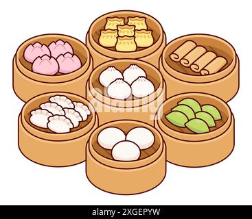 Dim sum, traditional Chinese dumplings, in bamboo steamer baskets. Spring rolls, potstickers, bao buns. Asian food buffet cartoon vector illustration Stock Vector