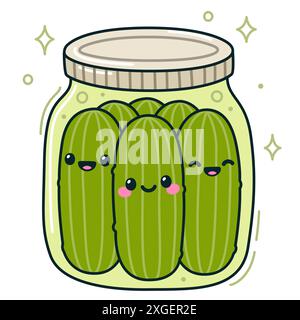 Jar of dill pickles with kawaii smiling faces, cute hand drawn cartoon style. Vector illustration. Stock Vector