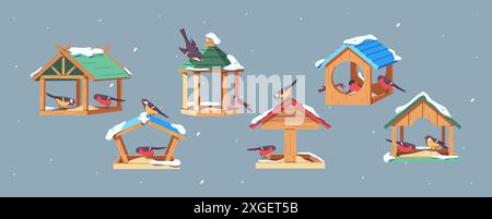 Birdfeeders with avian guests under snowfall 2D cartoon objects set. Handmade feeders for birds flat line vector elements on grey background Stock Vector