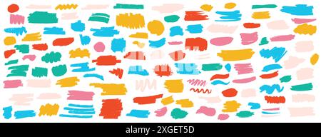 Doodle brush strokes color vector artwork bundle on light background. Simple curved and straight lines hand drawn illustration set Stock Vector