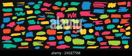 Multicolored doodle brush strokes vector art on black background. Childish drawing of curved lines and straight smears neon illustration set Stock Vector