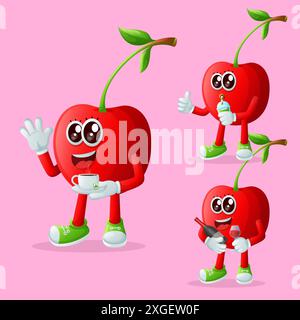 Set of cute cherry characters enjoying beverages. Perfect for kids, merchandise and sticker, banner promotion or blog Stock Vector