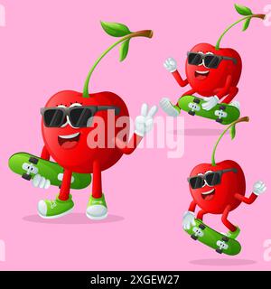 Set of cute cherry characters skateboarding. Perfect for kids, merchandise and sticker, banner promotion or blog Stock Vector