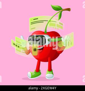 Cute cherry character in metaverse. Perfect for kids, merchandise and sticker, banner promotion or blog Stock Vector