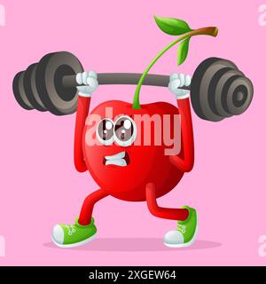 Cute cherry character lifting weights. Perfect for kids, merchandise and sticker, banner promotion or blog Stock Vector