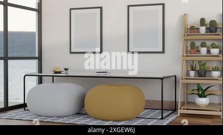 The interior design of a modern living room features a table and poufs on a carpet, a wooden shelf with succulents, and blank picture frames on a whit Stock Photo