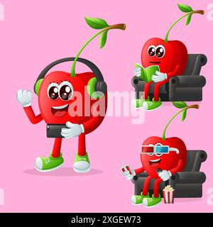 Set of cute cherry characters enjoying leisure activities. Perfect for kids, merchandise and sticker, banner promotion or blog Stock Vector