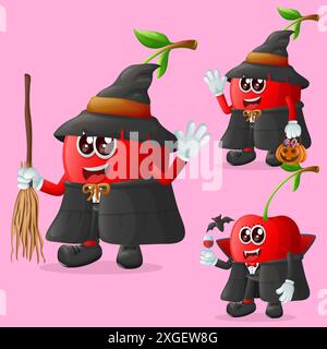 Set of cute cherry characters on Halloween. Perfect for kids, merchandise and sticker, banner promotion or blog Stock Vector