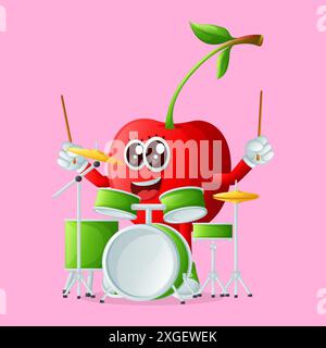 Cute cherry character playing drum. Perfect for kids, merchandise and sticker Stock Vector