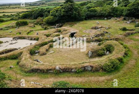 Carn Euny prehistoric Iron Age village houses approx. 100 BC near Lands End, Cornwall, England. Entrance to fogou underground passage chamber central Stock Photo