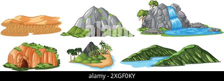 Various landscapes including mountains, caves, and waterfalls Stock Vector