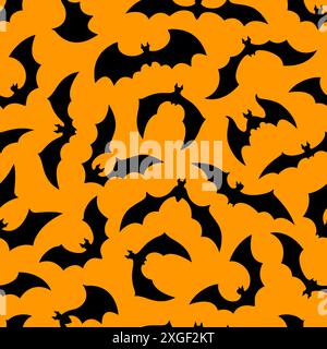Halloween bats silhouettes, cloud of bats seamless pattern. Hauntingly elegant vector tile, featuring a nocturnal dance of winged creatures against a mysterious, spookily enchanting orange background Stock Vector