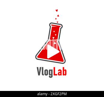 Vlog icon, featuring a red laboratory flask or beaker with red liquid and play button. Isolated vector emblem for vloggers, content creators and science-related media. Label for branding and marketing Stock Vector