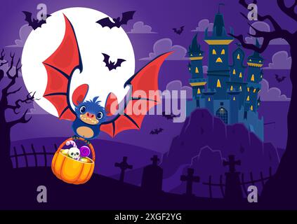 Halloween bat with holiday sweets in bucket for trick or treat party, cartoon vector. Cute kawaii bat character with basket of Halloween monster candy sweets, haunted castle and cemetery tombstones Stock Vector