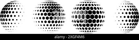 Black halftone pattern sphere collection. Hexagon wireframe 3d circle set. Grid globe element bundle. Round dotted shape pack for tech poster, banner, cover, emblem, leaflet. Vector illustration Stock Vector
