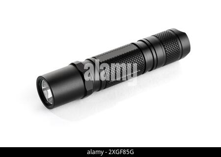 Modern aluminum Pocket Flashlight isolated on white background Stock Photo
