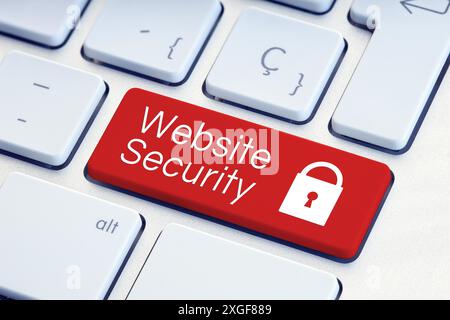 Website Security word and padlock icon on red computer keyboard Stock Photo