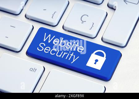 Website Security word and padlock icon on blue computer keyboard Stock Photo