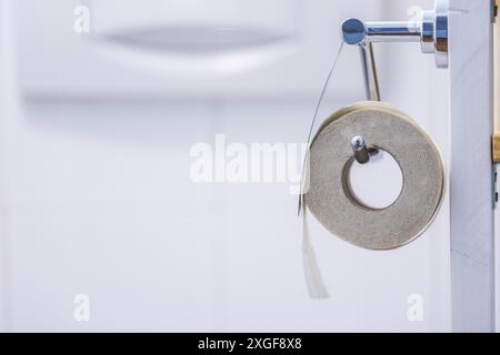 Close up of toilet paper roll on chrome hanger Stock Photo