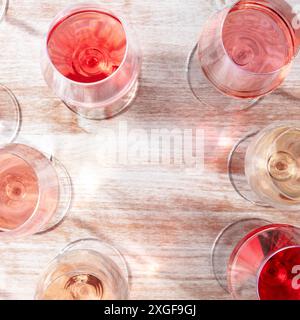Square wine frame with various wineglasses, top shot with a place for text Stock Photo