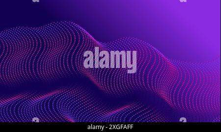 Abstract dotted waving particles in neon colors, technology background design. Futuristic halftone faded texture, grunge pattern made of dots, circles Stock Vector