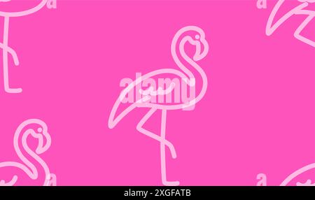 Seamless pattern with flamingo bird in pink color. Outline minimal illustration over pink background. Stock Vector