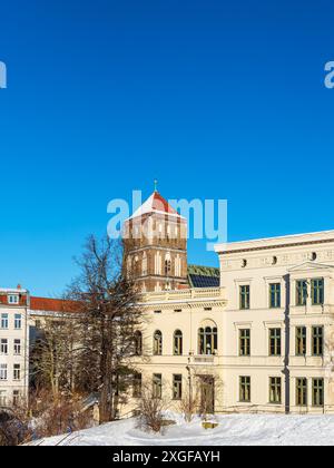 View of St Nicholas' Church in winter in the Hanseatic city of Rostock Stock Photo