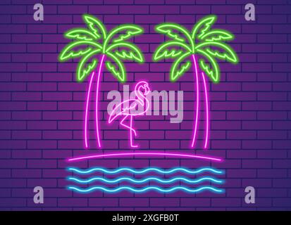 Abstract flamingo bird and two palm trees, neon glowing illustration. Flamingo on the beach and palm trees. Minimalistic colorful neon glowing line de Stock Vector