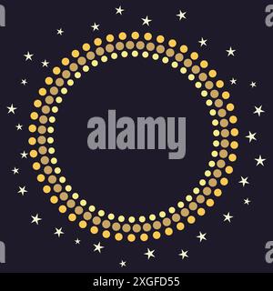 Minimal golden round frame with circles and stars. Vector decorative element, modern geometric frame with circles and stars silhouettes. Stock Vector
