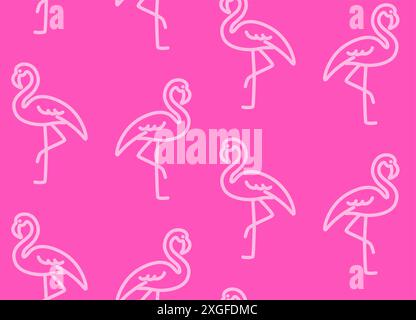 Seamless pattern with flamingo bird in pink color. Outline minimal illustration over pink background. Stock Vector