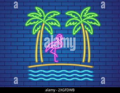 Abstract flamingo bird and two palm trees, neon glowing illustration. Flamingo on the beach and palm trees. Minimalistic colorful neon glowing line de Stock Vector