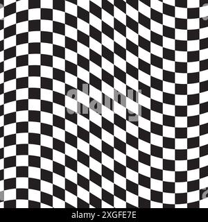 Checkered background with distortion effect. Abstract black and white background, distorted groovy twisted grid. Chessboard surface as abstract banner Stock Vector