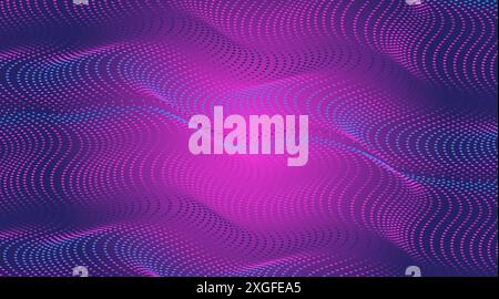 Abstract dotted waving particles in neon colors, technology background design. Futuristic halftone faded texture, grunge pattern made of dots, circles Stock Vector