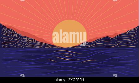 Retro illustration with a sunset over a mountain range with waves and a sun. Minimalism style landscape with hand drawn texture. Stock Vector