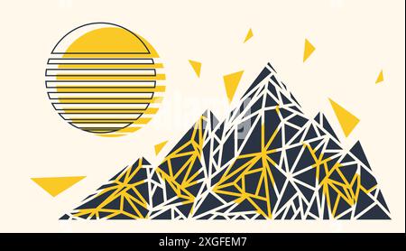 Abstract mountain polygonal and striped sun silhouette illustration. Abstract retro geometric mountain and sun illustration design. Stock Vector