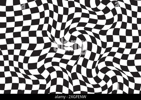 Checkered background with distortion effect. Abstract black and white background, distorted groovy twisted grid. Chessboard surface as abstract banner Stock Vector