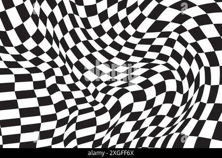 Checkered background with distortion effect. Abstract black and white background, distorted groovy twisted grid. Chessboard surface as abstract banner Stock Vector