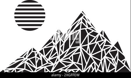 Abstract mountain polygonal and striped sun silhouette illustration. Abstract retro geometric mountain and sun illustration design. Stock Vector