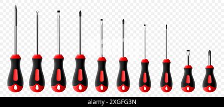 Set of screwdrivers isolated on transparent background. Black and red long and short screwdrivers. Metal tool for Home Repairs and Mechanical Work. Re Stock Vector